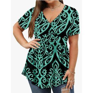 Tianzhu Women's Plus Size 2 XL Boho Teal & Black Floral Top Casual Chic Stylish